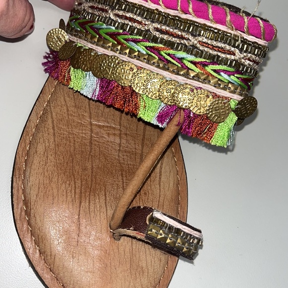Anthropologie Z&L boho coin embellished fringe style leather flip flops size 39 - Picture 12 of 16